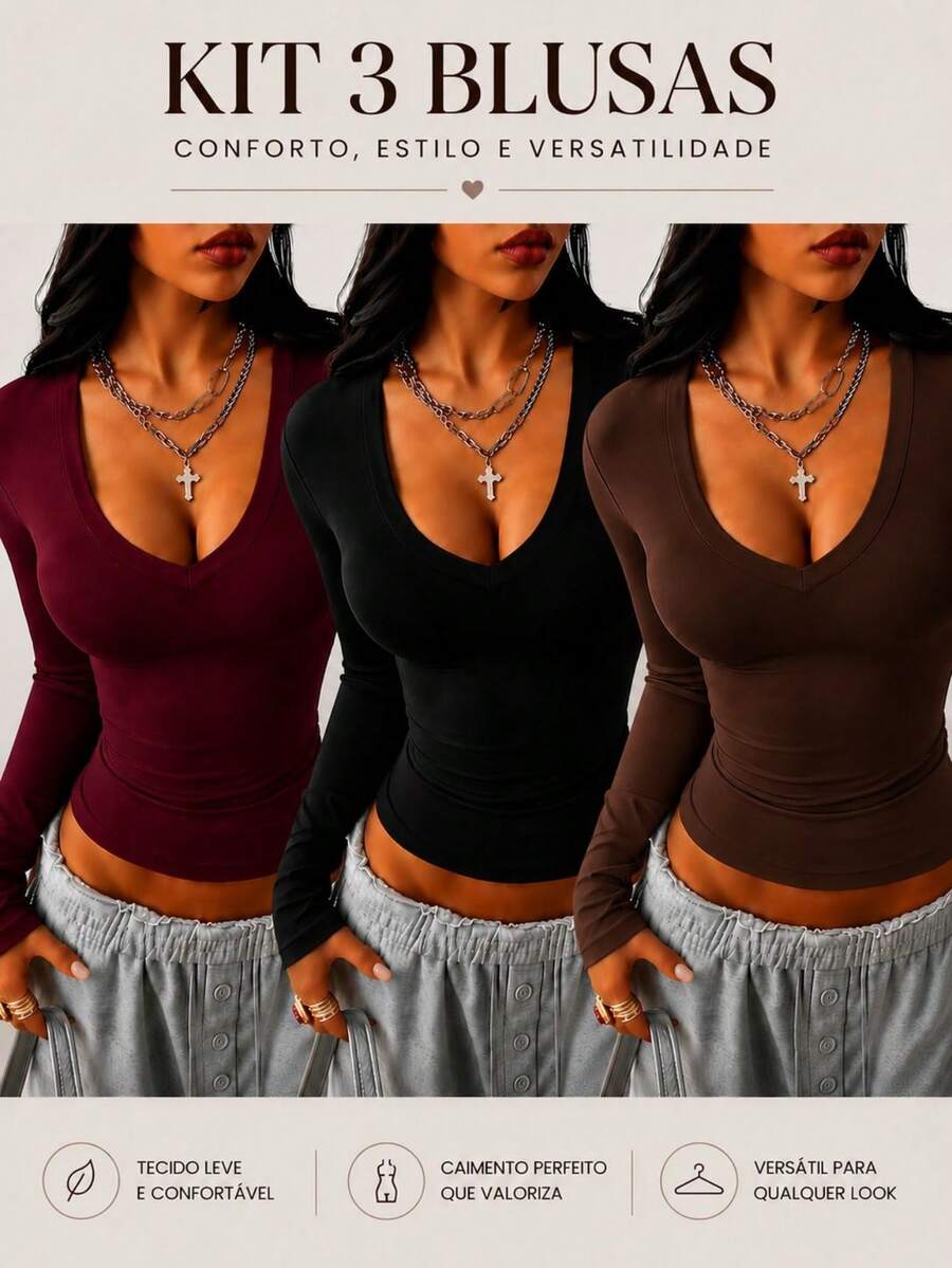 Women's V-Neck Shaping Blouse - Slim Fit, Second Skin Style, Versatile, Elegant, Casual, And - 咖啡-黑咖啡-葡萄酒 - 查看 1