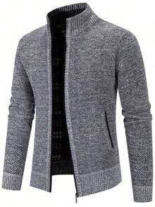 Men's Knit Cardigan With Zip-Up Closure, High Neck And Pockets, Long Sleeves, Regular Fit, Warm Lining And Casual Style/H-5 - 淺灰色 - 查看 1
