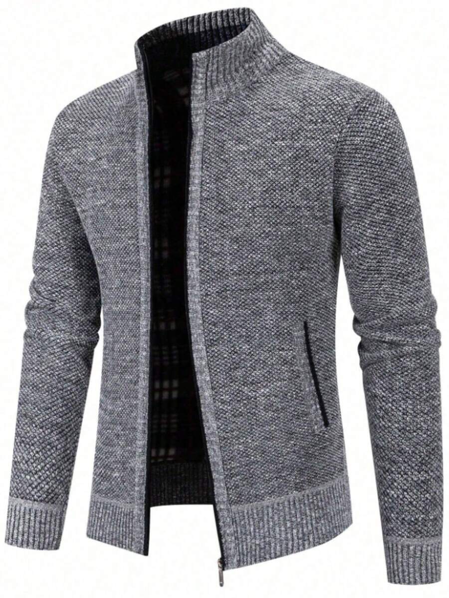 Men's Knit Cardigan With Zip-Up Closure, High Neck And Pockets, Long Sleeves, Regular Fit, Warm Lining And Casual Style/H-5 - 淺灰色 - 查看 1