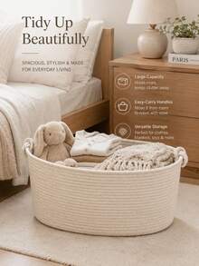 1pc Foldable Handwoven Laundry Basket With Handle, Suitable For Living Room, Bedroom, Laundry Area To Store Miscellaneous Items, Dirty Clothes, Bathroom Towels, Selected Home Goods - Multicolor - View 10