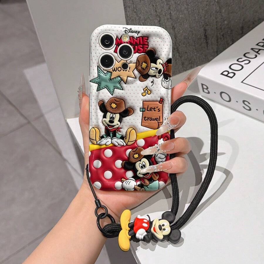 Disney Mickey Mouse Clubhouse Phone Case : 3D Fluffy Pattern Border Protector Phone Soft Phone Case With A Free Cute Mickey Mouse Bracelet Chain Lanyard, Mickey Mouse, Minnie Mouse, Donald Duck, Daisy Duck, Goofy, Pluto, For Apple 17 Promax 17 Pro 16 15 14 13 12 11 Pro Max XS Max X XR Soft Cover Summer Phone Case - White - View 1