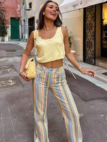 Women's Rainbow Striped Straight Leg Jeans, Casual Street Style Pants For Spring/Summer, Holiday Outfits - Multicolor - View 2