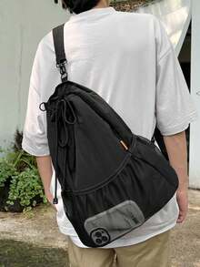 1pc (15.8in*13.8in*7.1in) Exquisite Men's Fashion Backpack, Large Capacity, Drawstring Bag, Pleated Bag, Multiple Pockets, Nylon Material That Is Scratch-Resistant And Wear-Resistant, Suitable For Shopping, Dating, Going Out To Parties, Commuting To Work, Adjustable Shoulder Straps For A Suitable Length, Simple, Casual And Cool Black Fashion Backpack. - Black - View 3