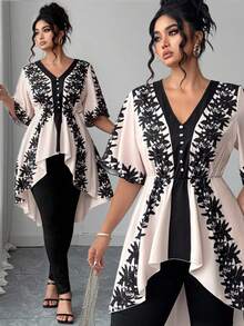 con top de cuello en V de manga corta con estampado, botones delanteros y cintura elástica alta, y pantalones con cintura elástica, elegante para la oficina y el día a día, primavera/verano - Negro - Ver 10