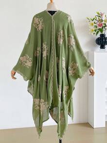1件優雅設計花卉圖案波希米亞風刺繡開襟披肩女款和服/圍裙，春夏海灘度假防曬罩衫，刺繡開襟衫，時尚百搭輕盈奢華裝飾，適合日常穿著，禮物首選 - 綠色 - 查看 3