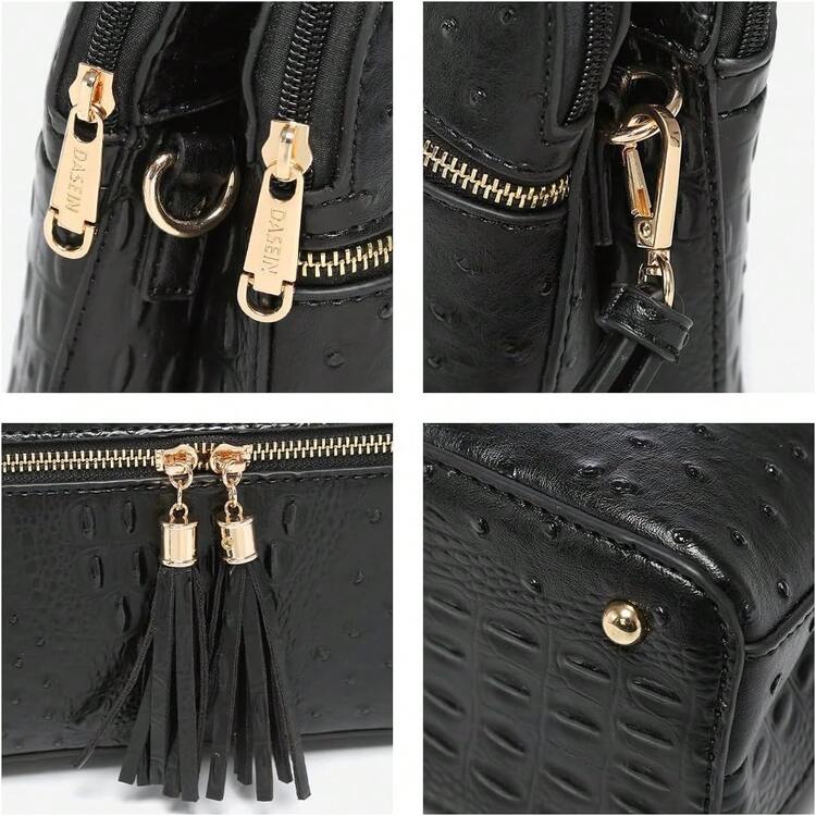 Dasein Bolso bandolera con cremallera para mujer, bolso de hombro a la moda con múltiples bolsillos - 2-avestruz negra - Añade 7