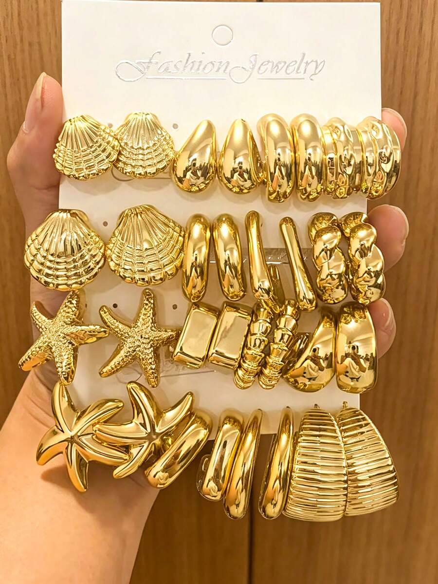 Juego de 8-32 piezas de pendientes de moda para mujer en color dorado, con diseños de concha, forma de C lisa, forma de C de panal y otros, para fiestas de moda, viajes de vacaciones, regalo de compromiso, adecuado para diversas ocasiones. - Dorado - Ver 1