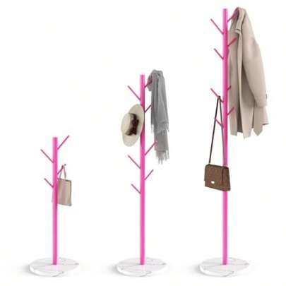 Coat Rack With Natural Marble Base, Metal Freestanding Coat Rack With 8 Hooks, 3 Adjustable Size Sturdy Coat Tree For Bags, Coats, And Hats For Entryway, Hallway, Bedroom, Office, Pink