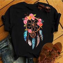 Modisches Feder-Traumfänger T-Shirt für Damen, Harajuku Grafik-T-Shirt, Damen Traumfänger T-Shirt, Kleidung Oberteile - Schwarz - Übersicht 7