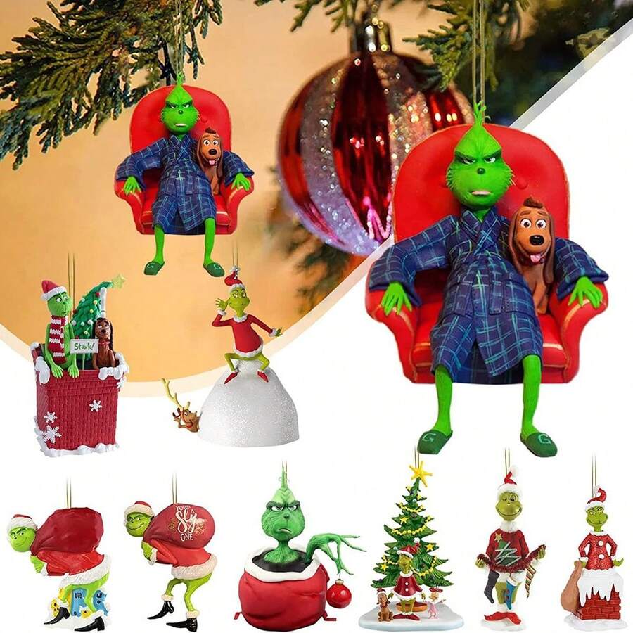 The Grinch 9 قطع زينة شجرة عيد الميلاد على شكل وحش بشعر أخضر، سحر حقيبة الظهر، كريستال ديكور المنزل، زينة ديكورية للعطلات (تصميم عشوائي) - متعدد الألوان - مشاهدة 1