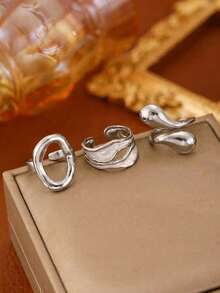 RAYQUEEN 3pcs/Set Fashion Stainless Steel Polished Water Drop Hollow Asymmetric Rings Gift Jewelry Suitable For Women Daily Wear - Steel - View 6