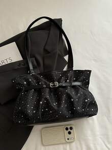 Star Print Ruched Tote Shoulder Bag, Silver Star Allover Fabric, Belt Buckle Waist Design, Large Capacity School & Work Handbag - Black - View 5