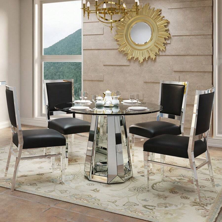Modern Minimalist Round Tempered Glass Combination Round Mirror Surface Dining Table, Glass Table With Round Base, Kitchen Table - Silver1 - View 1