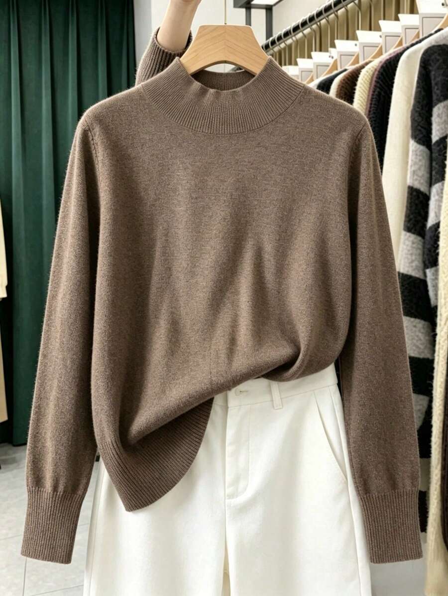GIGOGOU Sweater Rajut Wanita Dasar Musim Gugur Musim Dingin, Kasual Berkualitas, Lengan Panjang, Atasan Pullover Nyaman untuk Musim Gugur - kopi - View 1