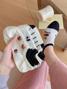 5 pares de calcetines cortos de mujer de verano con diseño de cereza, calcetines tipo barco, calcetines invisibles, calcetines de malla de algodón fino, diseño de dibujos animados lindos - Multicolor - Ver 8