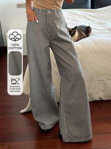 Pantalones vaqueros largos rectos de pierna ancha para mujer, estilo casual de negocios para oficina, holgados, con patchwork de bloques de c - Azul - Ver 11