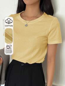 Short-Sleeved T-Shirt With Round Neck And Solid Color - Yellow - View 1