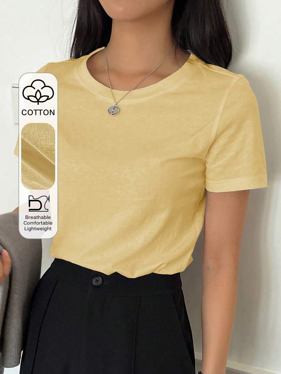 Short-Sleeved T-Shirt With Round Neck And Solid Color - Yellow - View 1