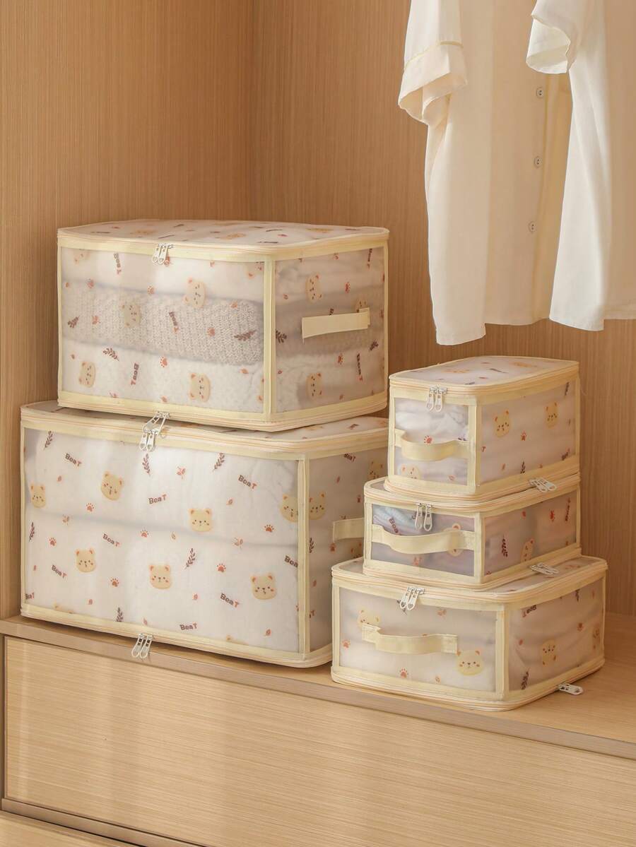 1 pieza Caja de almacenamiento plegable con estampado de dibujos animados, Caja de almacenamiento multifuncional con cremallera, Caja de almacenamiento para armario, Caja de almacenamiento para cajón, Caja de almacenamiento para dormitorio, Caja de almacenamiento para ropa, Caja de almacenamiento para ropa interior, sujetadores y calcetines, Caja de almacenamiento para cosméticos, Caja de almacenamiento para tocador, Suministros de almacenamiento para el hogar