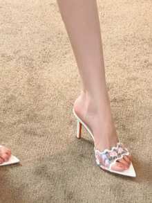 2026新款復古風裸色網紗刺繡露趾 peep toe 一字帶高跟涼鞋 女款 - 白色 - 查看 6