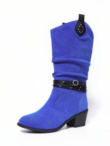 Blue Ruched Patchwork Strap Rivet Slip-On Knight Boots, Chunky Mid-Heel Round Toe Elegant Versatile Autumn/Winter New Fashion Women's Boots - Blue - View 5