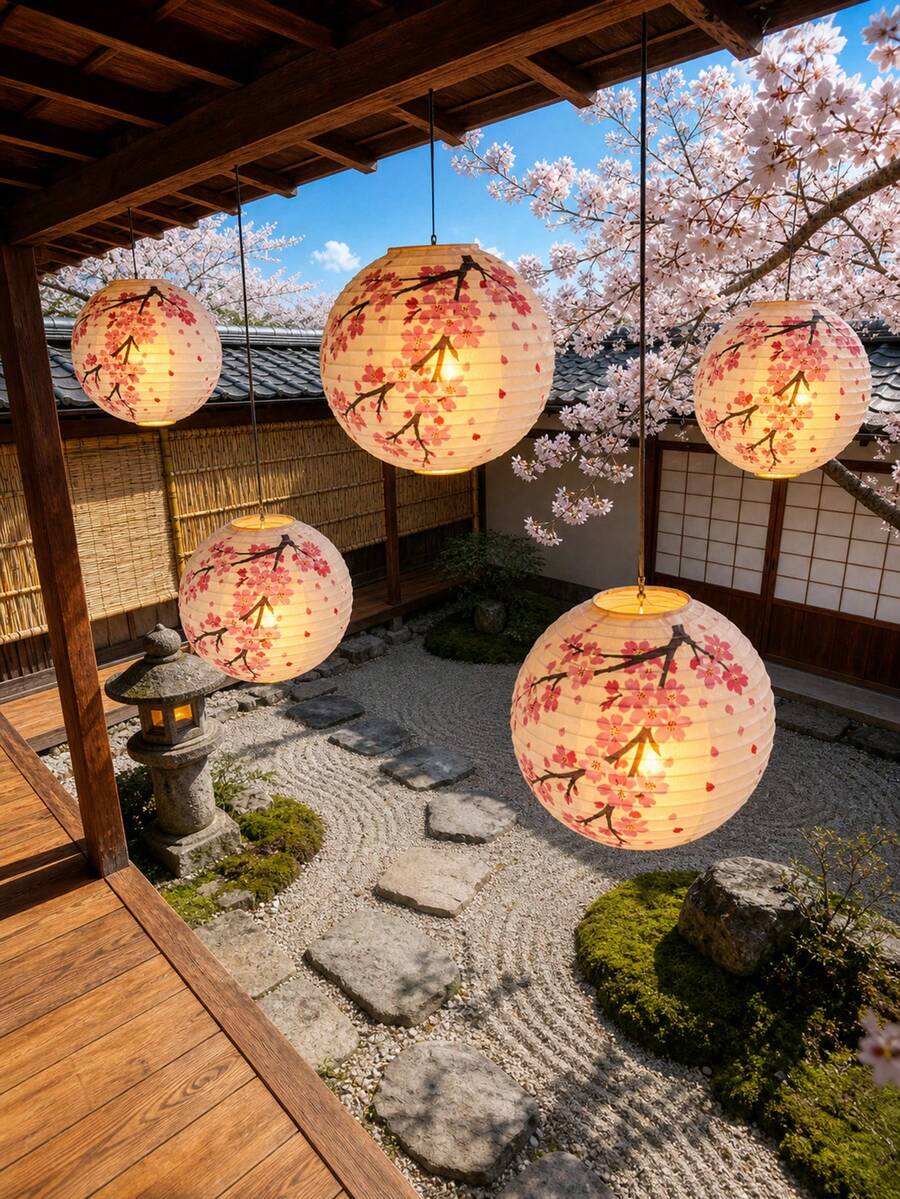 5个日式樱花纸灯笼，悬挂式传统日式灯笼，适用于日式寿司店、生日、家居、教堂、婚礼派对装饰、新年、万圣节、圣诞节、中国新年派对装饰（不含灯饰） - 查看 1