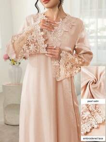 Najma V-Neck Floral Embroidery Long Sleeve Patchwork Ruffle Hem Maxi Dress Turkish And Arabic Traditional Style - Pink - View 1