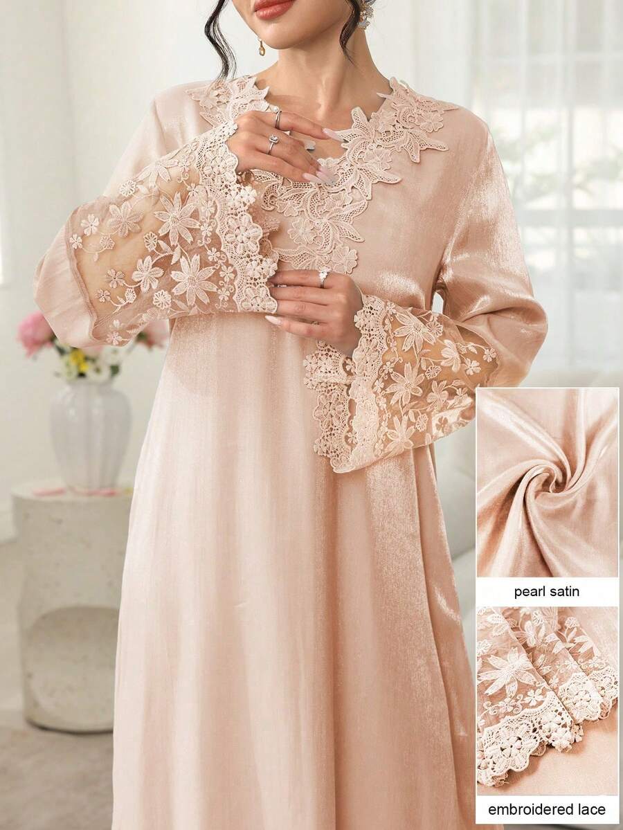 Najma V-Neck Floral Embroidery Long Sleeve Patchwork Ruffle Hem Maxi Dress Turkish And Arabic Traditional Style - Pink - View 1