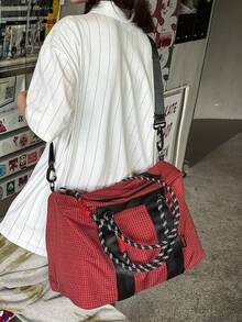 男士格紋尼龍托特旅行袋，大容量手提包，附可拆式肩帶，適合旅行健身 - 彩色 - 查看 5