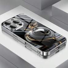 1pc Luxury Black & Gold Marble Fluid Apple Pattern Glass Phone Case, High-End & Elegant, Compatible With Apple - Silver - View 1