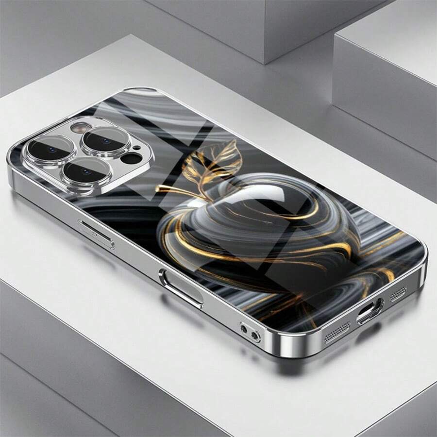 1pc Luxury Black & Gold Marble Fluid Apple Pattern Glass Phone Case, High-End & Elegant, Compatible With Apple - Silver - View 1