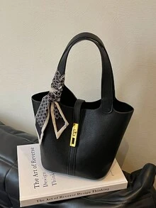 現代優雅精緻金屬裝飾女款手提包，時尚百搭優雅絲巾肩帶水桶包 - 黑色 - 查看 6