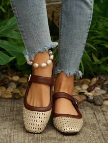 Women's Vintage Woven Mary Jane Closed-Toe Half-Slingback Brown & White Contrast Hollow Out Slip-On Sandals, Breathable Comfortable Flat Square Toe Backless Slides - Multicolor - View 4