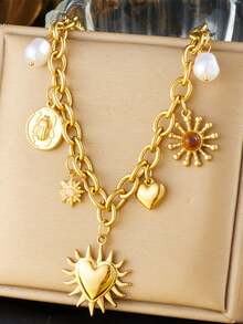 1 pieza Collar retro de acero inoxidable con colgante con forma de insecto y corazón con gema incrustada - N3317 - Ver 1