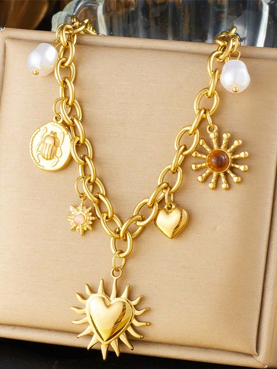 1 pieza Collar retro de acero inoxidable con colgante con forma de insecto y corazón con gema incrustada - N3317 - Ver 1
