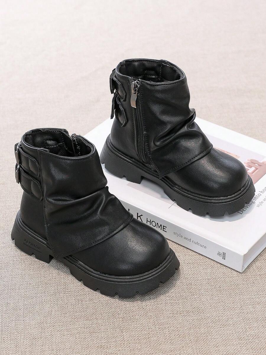 Children's Boots, 2025 Autumn New Outdoor Ankle Boots Mid-Calf Boots, Girls Metal Buckle Work Boots, Anti-Slip - Black - View 1