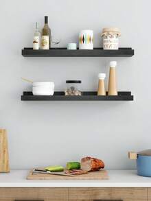1pc White Wall-Mounted Floating Shelf For Kitchen, No-Drill Installation, Dedicated Storage For Kitchen Seasoning Jars / Dry Food Sealed Containers / Coffee Utensils! Nail-Free, No-Trace, For Tile Walls, Easy And Quick Installation, Thickened And Widened Board With Strong Load-Bearing Capacity, Moisture-Proof And Oil-Resistant, Easily Organize Oil, Salt, Sauce, Vinegar Bottles, Dry Food Jars, Kitchen Tools, Say Goodbye To Cluttered Countertops - View 2
