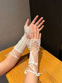 2/1 Pair Women's Elastic Cross Solid Color Mesh Lace-Up Short Sleeve Arm Warmers With Finger Loops, Suitable For Party, Halloween, Valentine's Day And Other Occasions - Multicolor - View 5