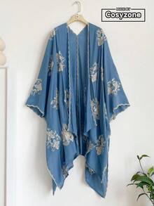 1件優雅花卉圖案波希米亞風刺繡開襟披肩女款和服式圍裙，春夏外穿沙龍，海灘度假防曬抗UV刺繡開襟衫，時尚百搭奢華裝飾，適合日常搭配，禮物首選 - 藍色 - 查看 1