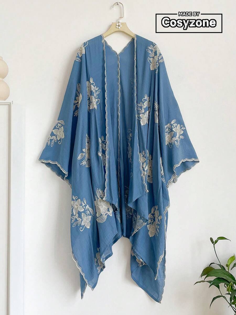1件優雅花卉圖案波希米亞風刺繡開襟披肩女款和服式圍裙,春夏外穿沙龍,海灘度假防曬抗UV刺繡開襟衫,時尚百搭奢華裝飾,適合日常搭配,禮物首選 - 藍色 - 查看 1