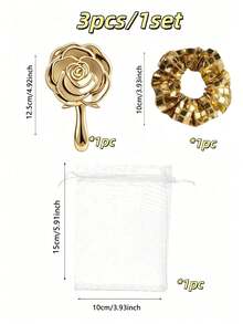 8/4/1 Set - Electroplated Gold Vintage Rose Makeup Mirror & Gold Disco Hair Scrunchie Set - Portable Folding Small Mirror, Hair Band, Storage Bag Styling Storage Set, Electroplated Gold Rose Hand Mirror, Gold Disco Hair Band, Gauze Storage Bag, Suitable As Gender Reveal Party Gift, Baby Shower Party Gift, Baby Party Theme, Birthday Gift, Wedding Gift, Guest Favor, 2026 New Year Party Set - Gold - View 8