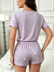 極簡卡通印花短袖上衣與星星印花短褲女款居家服兩件套睡衣 - 紫色 - 查看 4