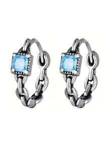 1 Pair Vintage Distressed S925 Sterling Silver Chain Square Light Blue Zirconia Ear Cuffs, Suitable For Women's Daily Commute, Couple Wear, Street Style, Birthday, Anniversary And Holiday Gifts - Antique Silver - View 10