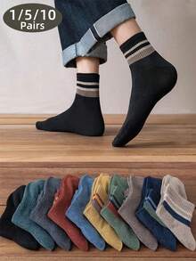 1/5/10 Pairs Multi-Color Striped Pattern Comfortable Fashionable Retro Versatile Casual Minimalist Sports Men's Short Socks - Multicolor - View 1