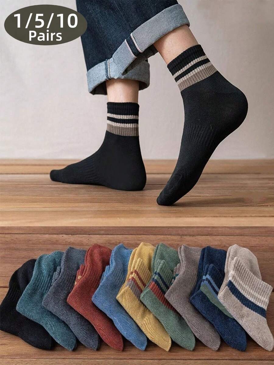1/5/10 Pairs Multi-Color Striped Pattern Comfortable Fashionable Retro Versatile Casual Minimalist Sports Men's Short Socks - Multicolor - View 1