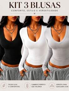 Women's V-Neck Shaping Blouse - Slim Fit, Second Skin Style, Versatile, Elegant, Casual, And - 黑白灰 - 查看 1