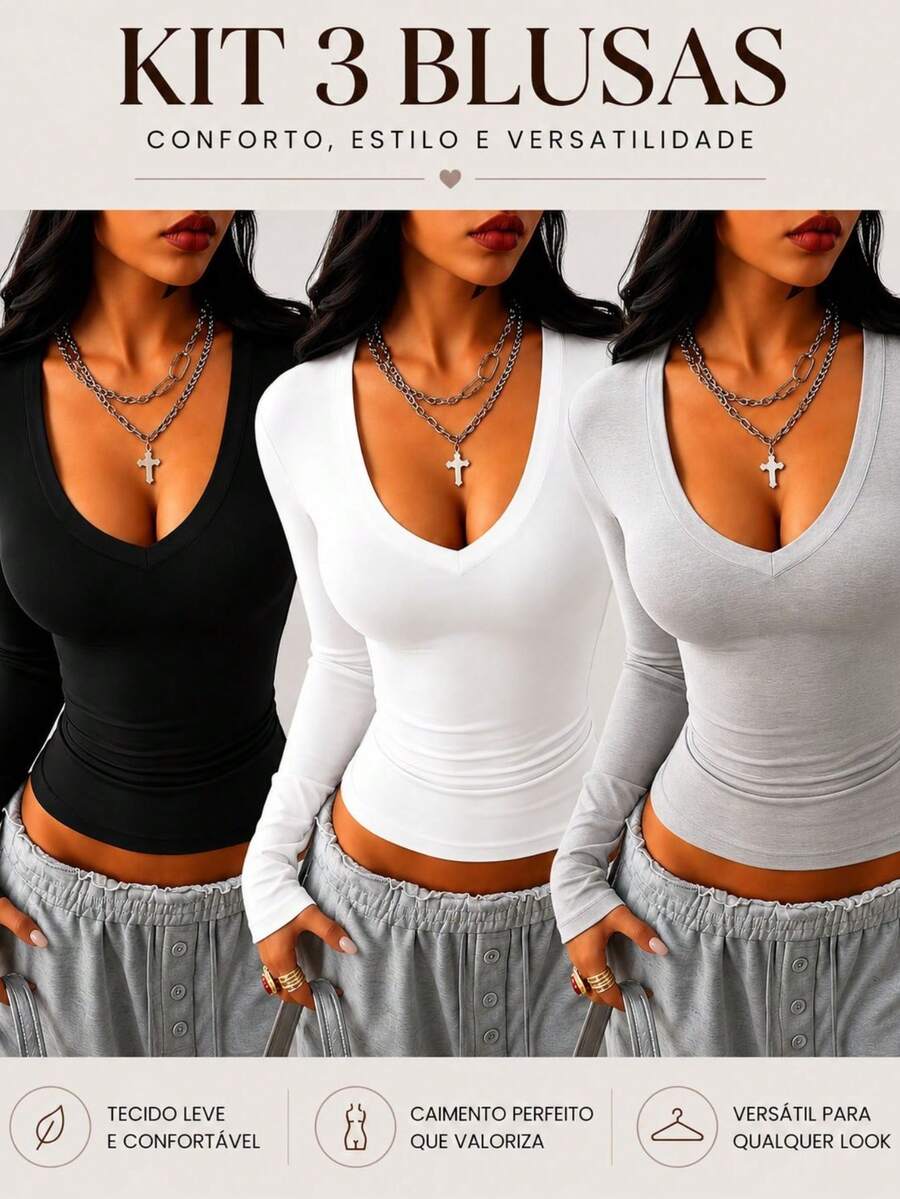 Women's V-Neck Shaping Blouse - Slim Fit, Second Skin Style, Versatile, Elegant, Casual, And - 黑白灰 - 查看 1