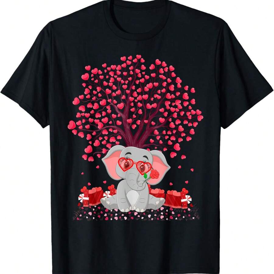 Elephant Lover Heart Tree Elephant Valentine's Day T-Shirt - Black - View 1