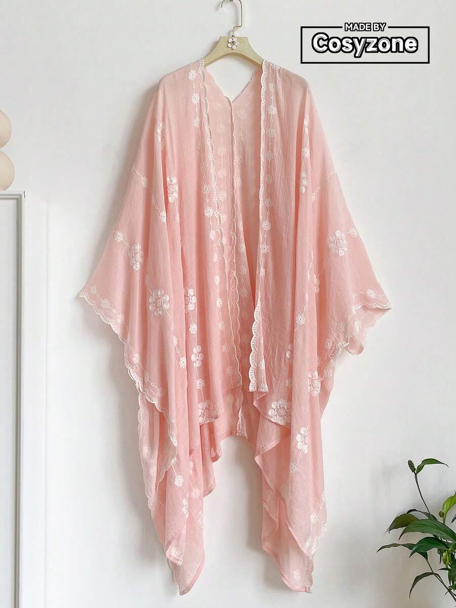 1件極簡優雅花卉圖案波希米亞風刺繡開襟披肩女款和服式圍裙，春夏外穿沙龍，海灘度假防曬抗UV，刺繡開襟衫，時尚百搭奢華裝飾，適合日常穿著，送禮首選 - 粉色 - 查看 1