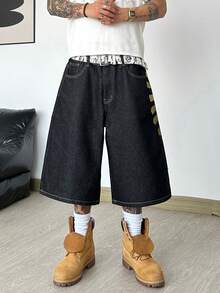 1 Stück Justice Brother lässige, locker sitzende Denim-Shorts mit bestickter Gesäßtasche, vielseitige Sommer-Streetwear, bequeme Bermuda-Shorts (ohne Gürtel/Zubehör) - Schwarz - Übersicht 10